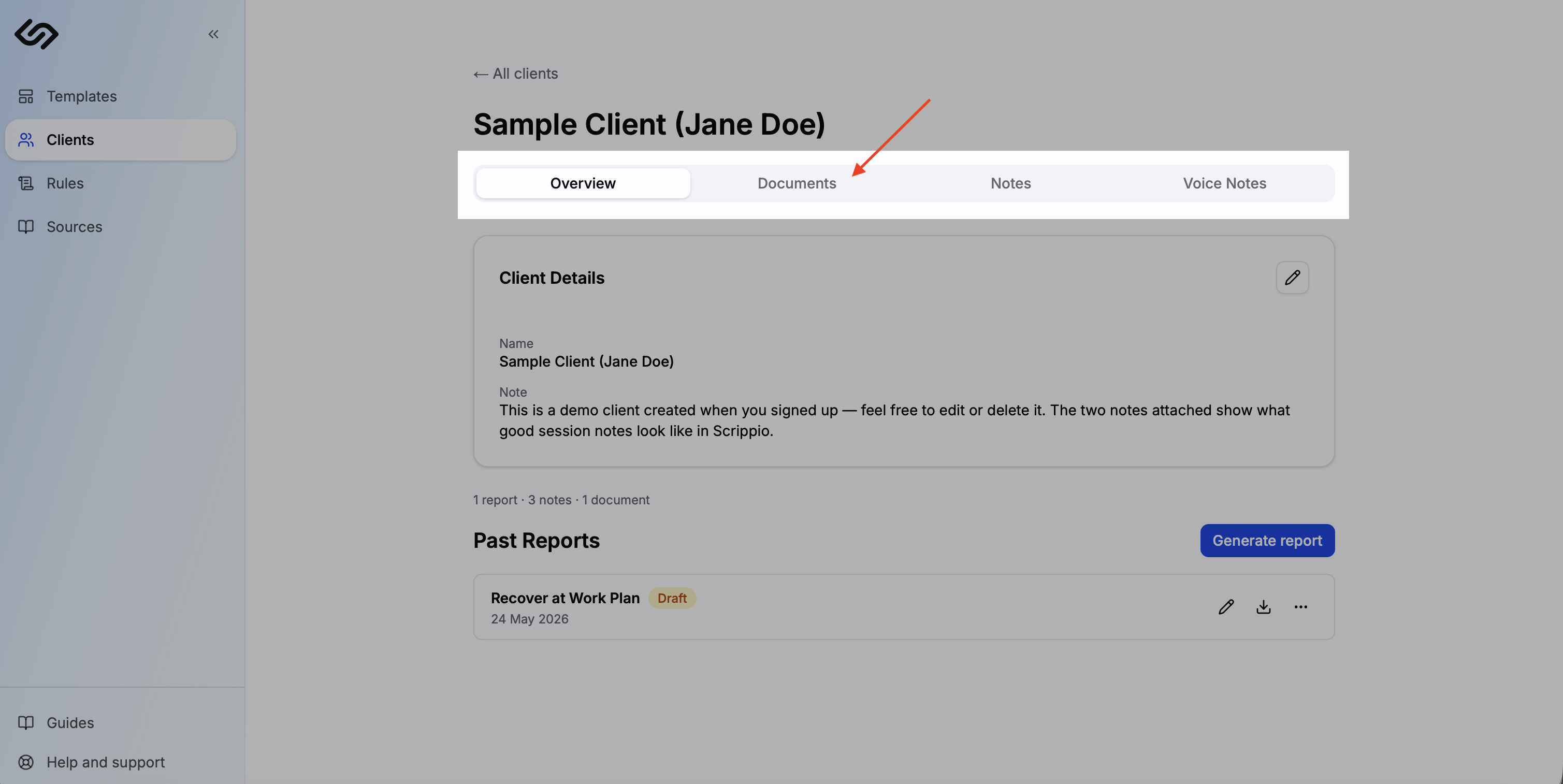 Client profile with the Documents tab selected