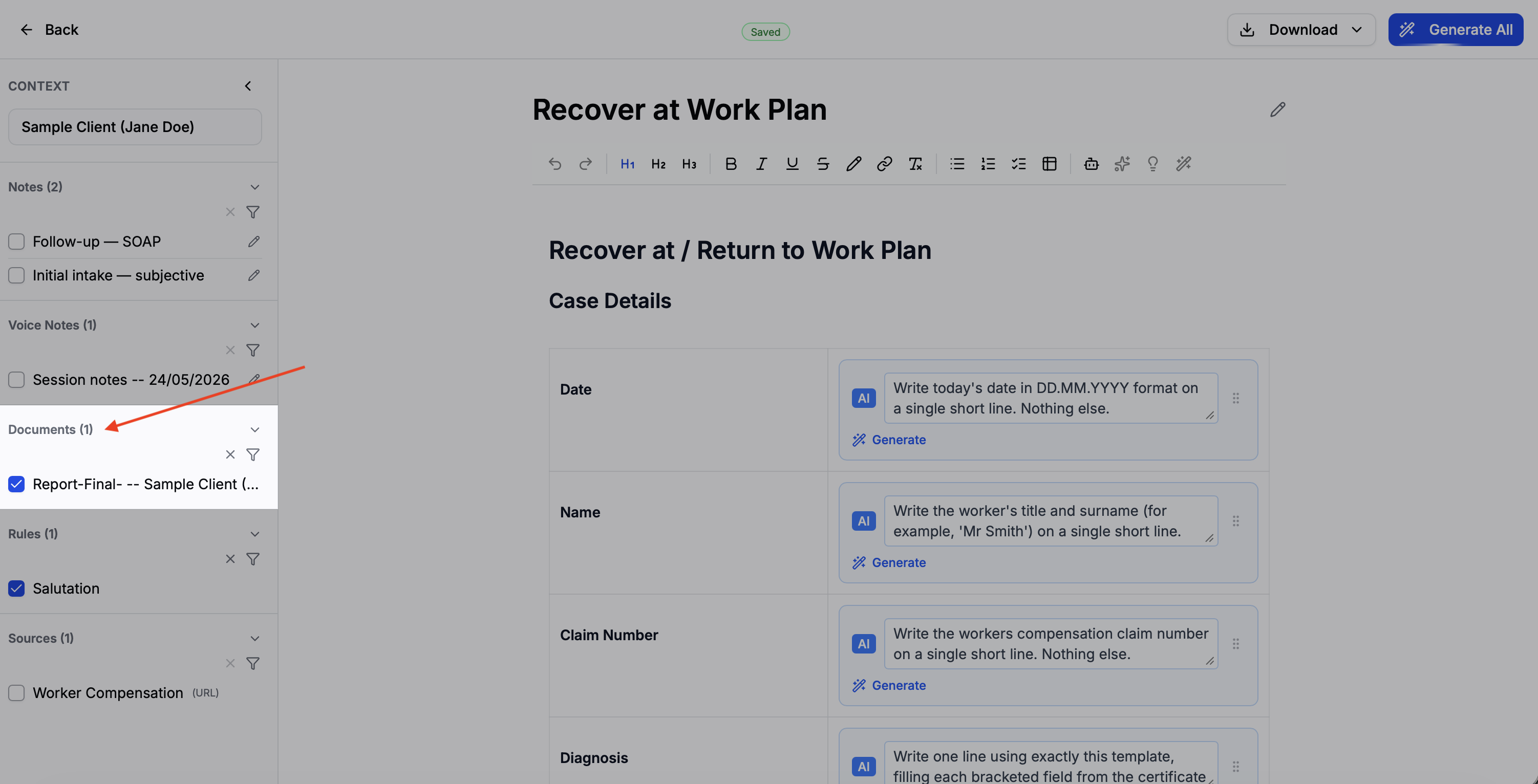 Context panel with a document checked under the Attachments section