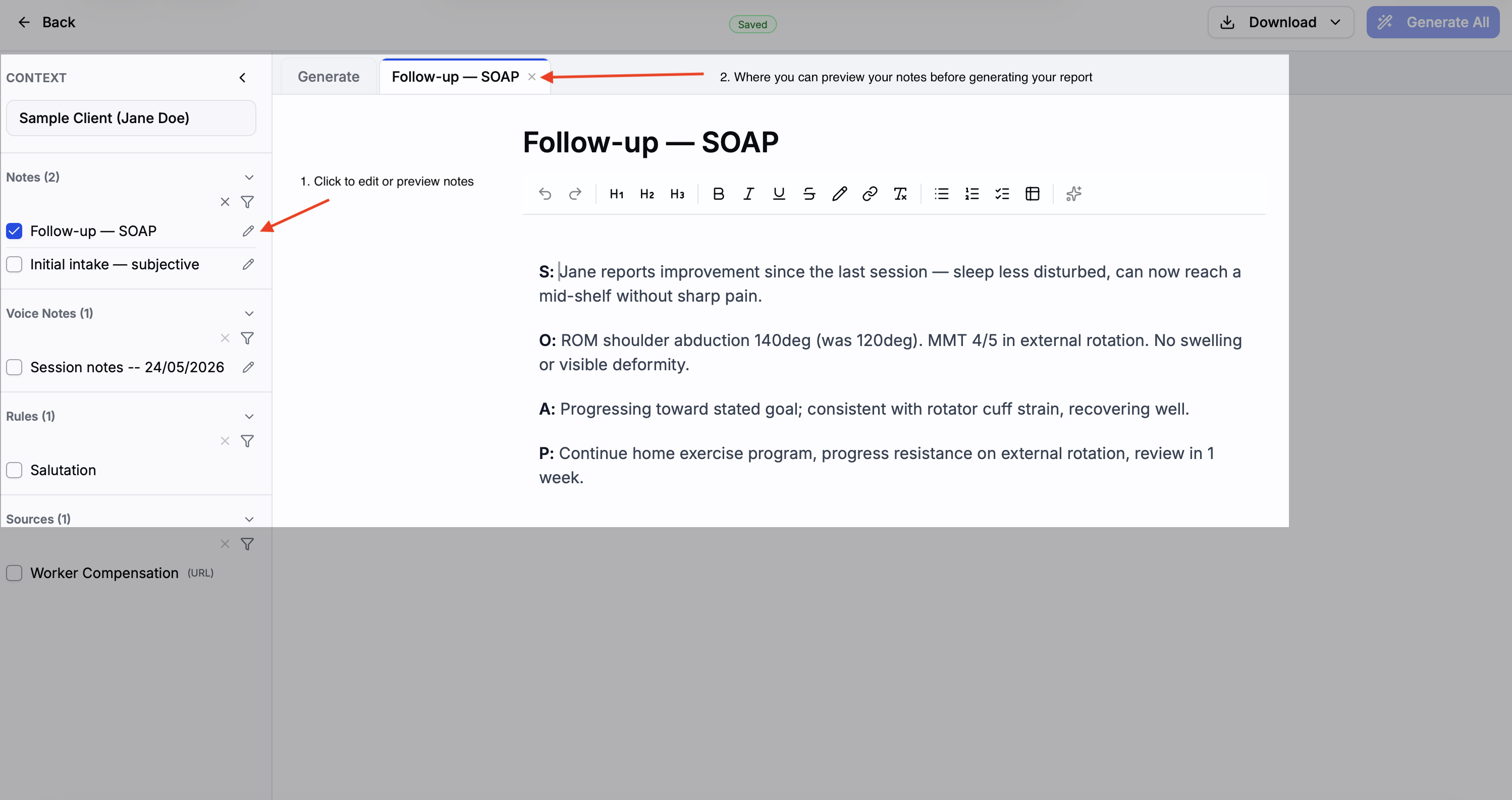 Generation page context panel with pencil icon highlighted, note open in side panel