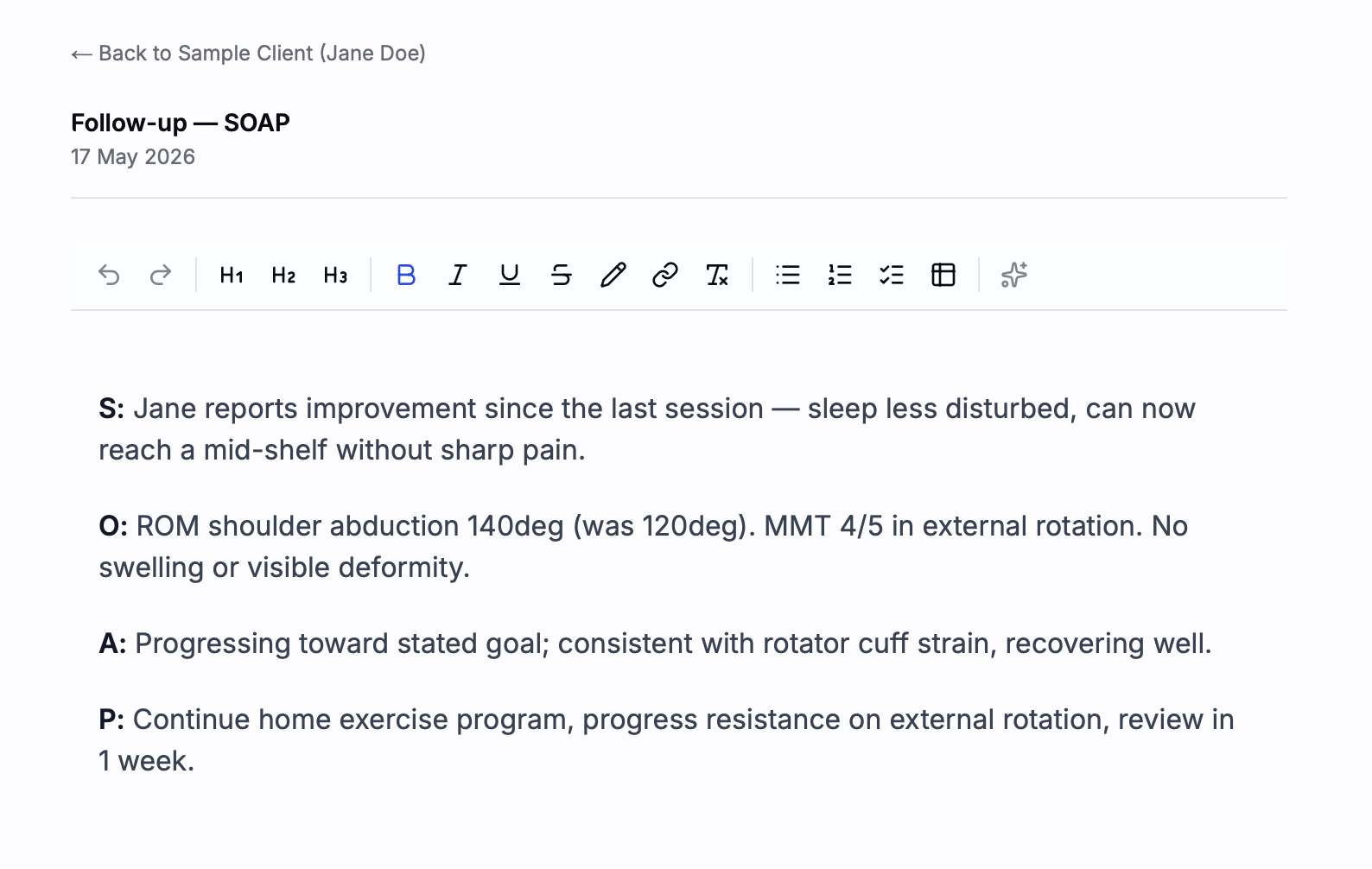 Note editor with a session summary typed out