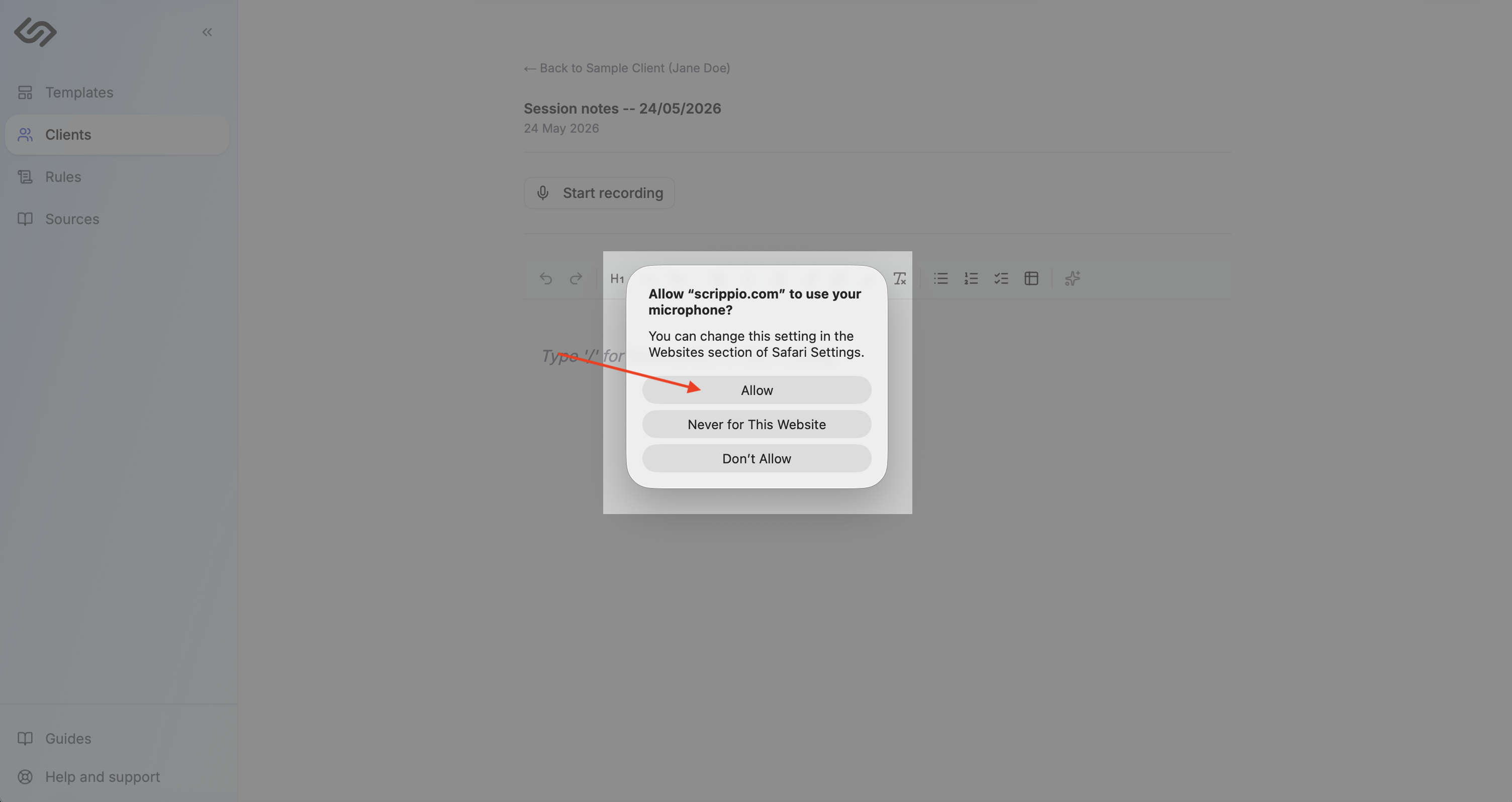 Browser microphone permission prompt