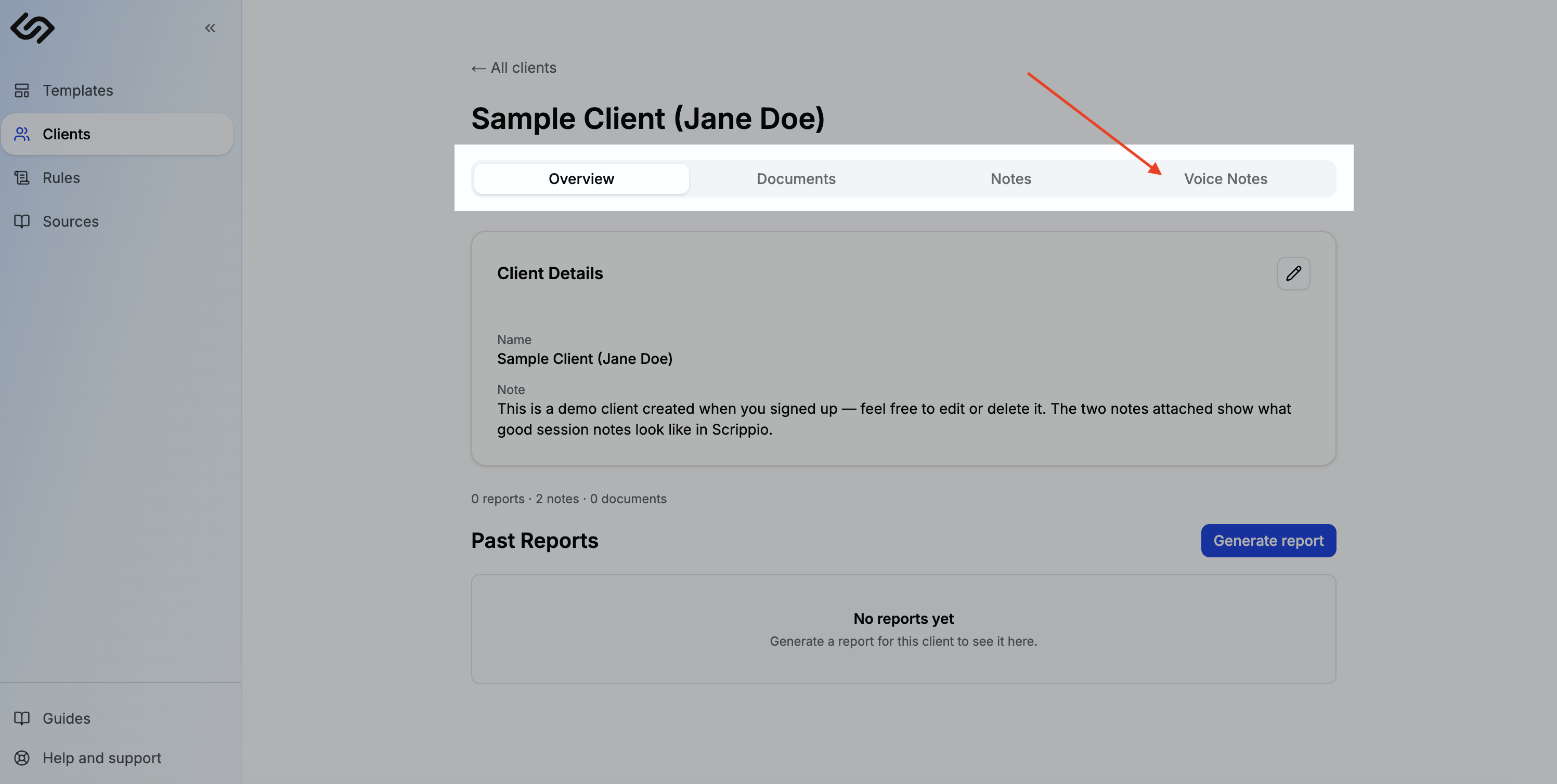 Client profile with the Voice Notes tab selected