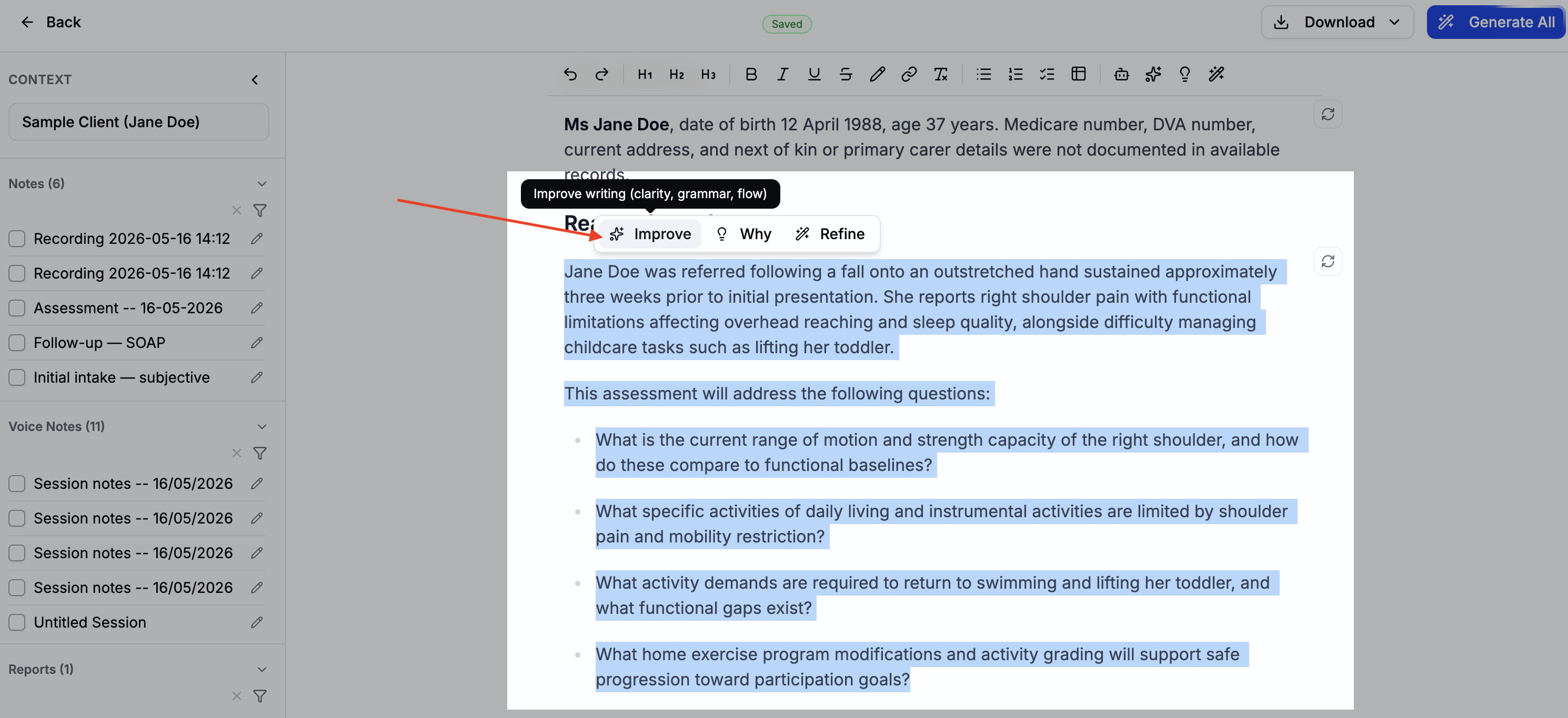 AI block with Improve Writing selected, showing before and after comparison