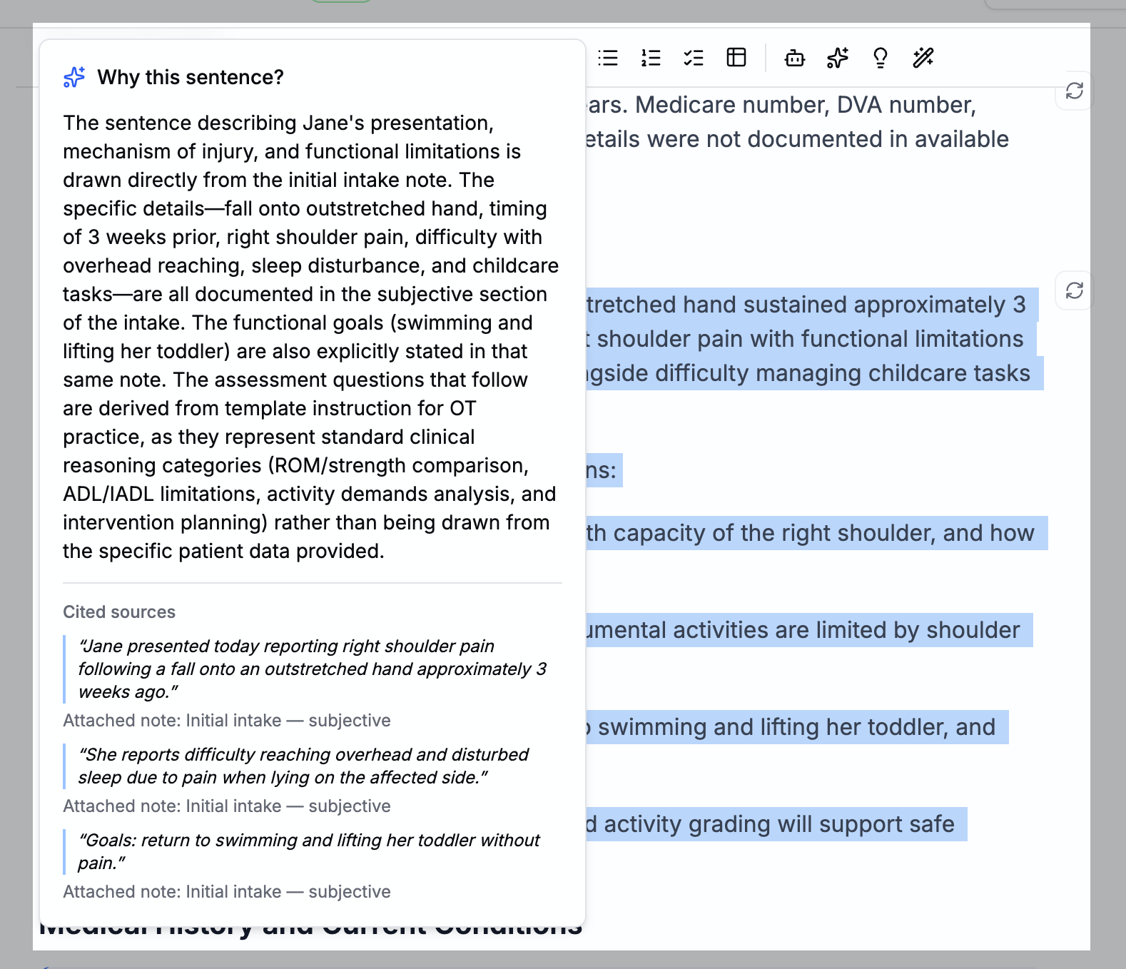 Why panel showing the result of the sources and reasoning behind a generated section