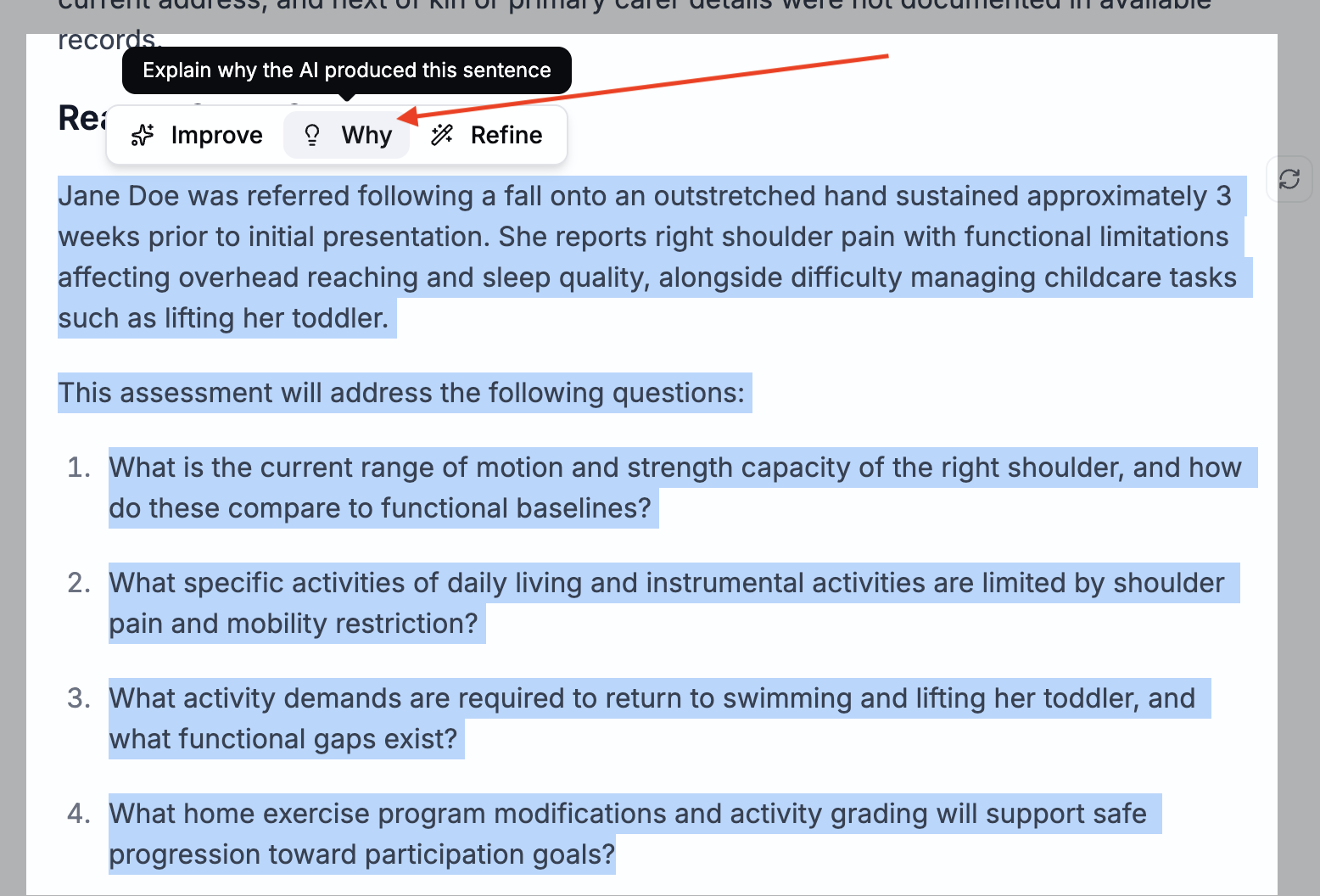 Why panel showing the sources and reasoning behind a generated section