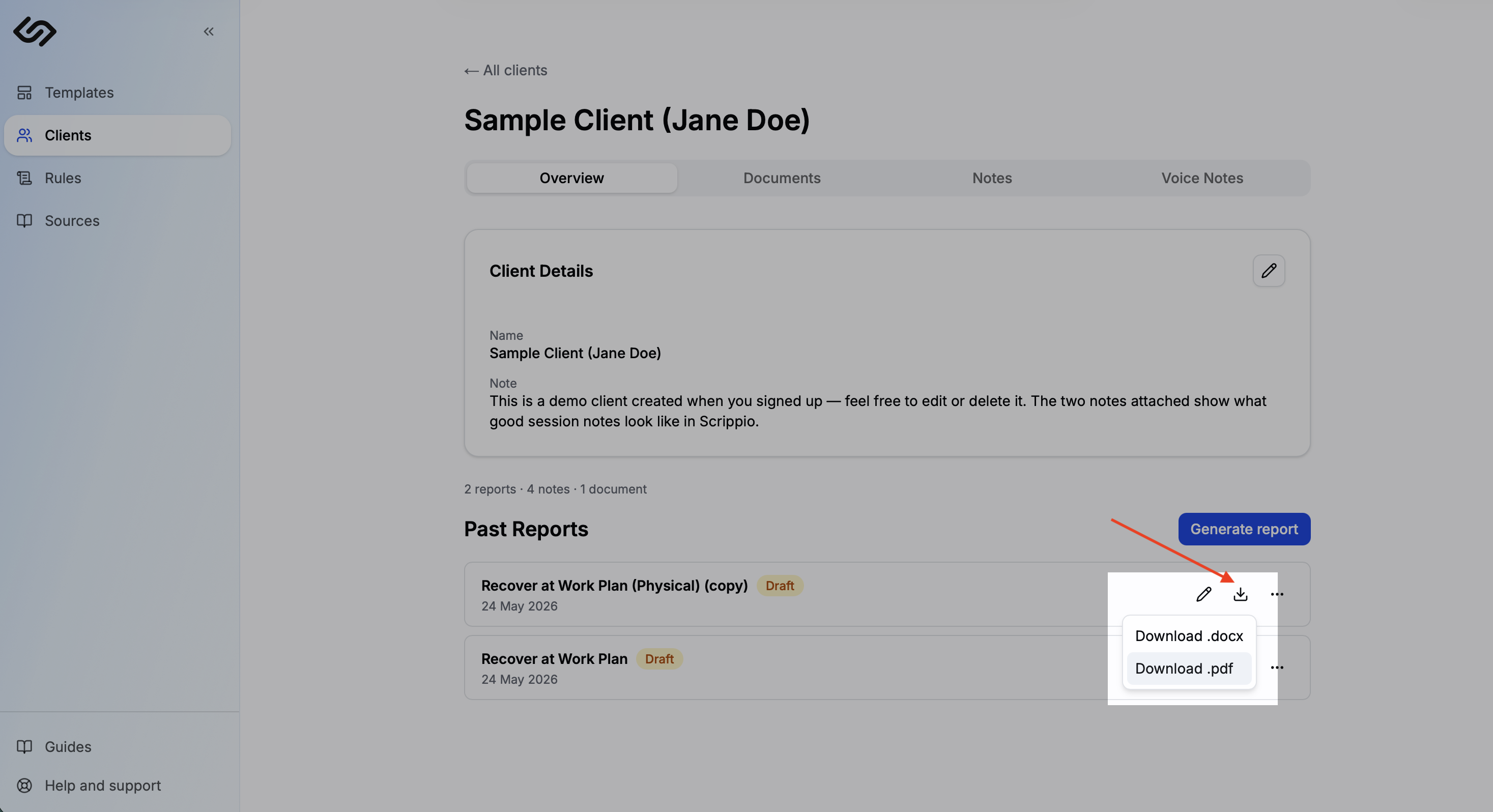 Generate page with the Download button highlighted