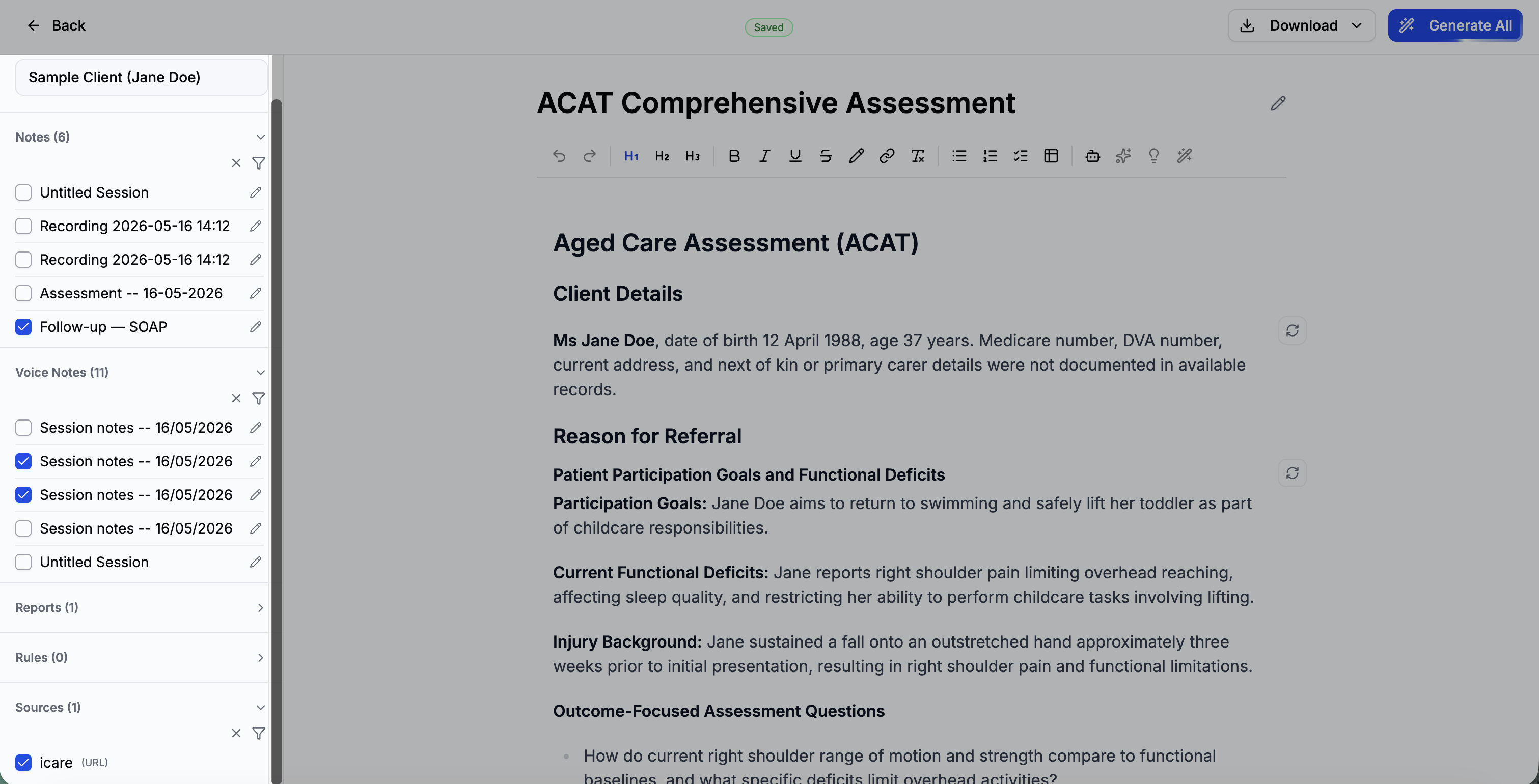 Context panel showing client selected, attachments checked, and rules active