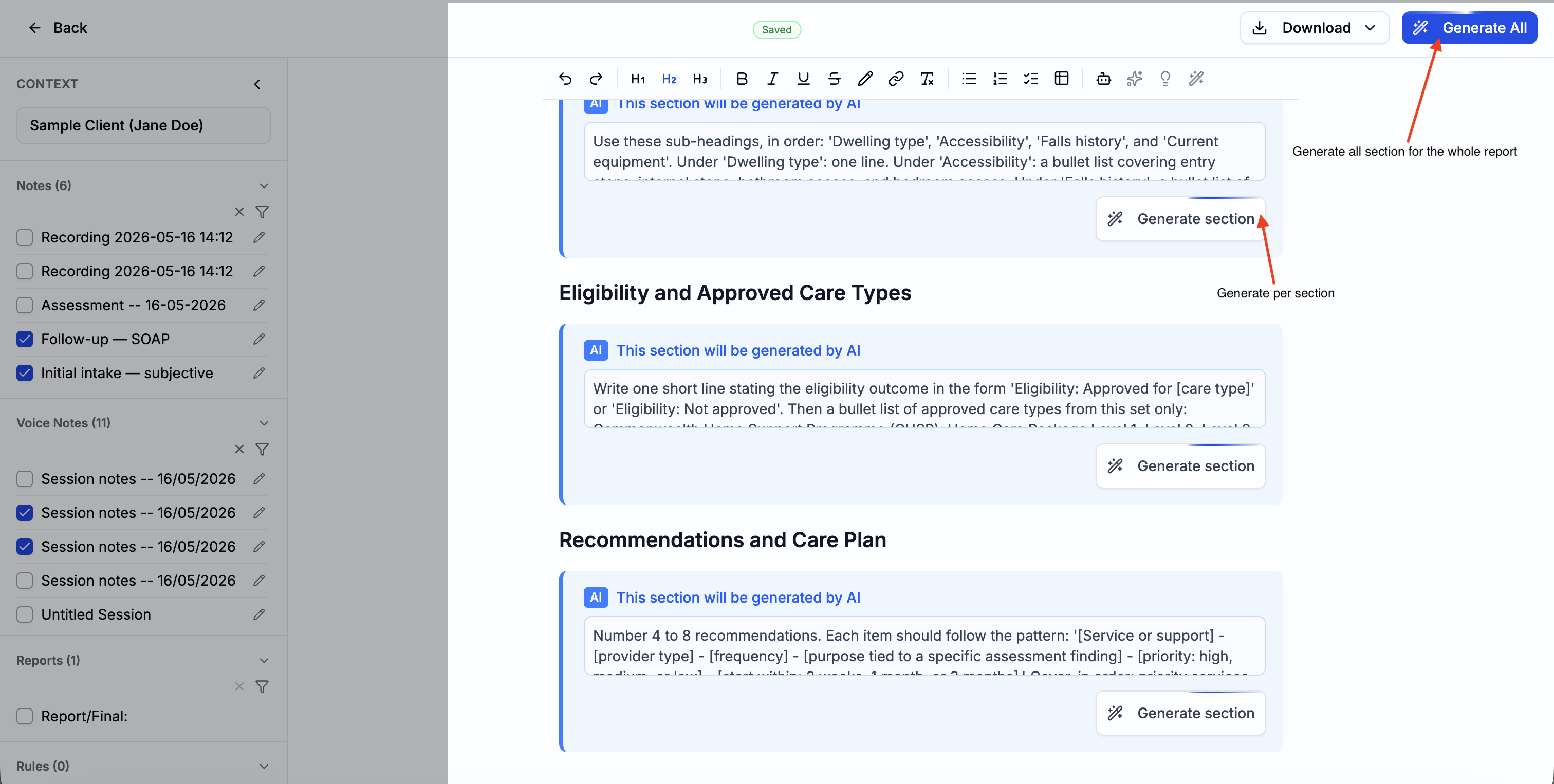 Report editor with AI content streaming into blocks, progress indicator showing 2 of 3