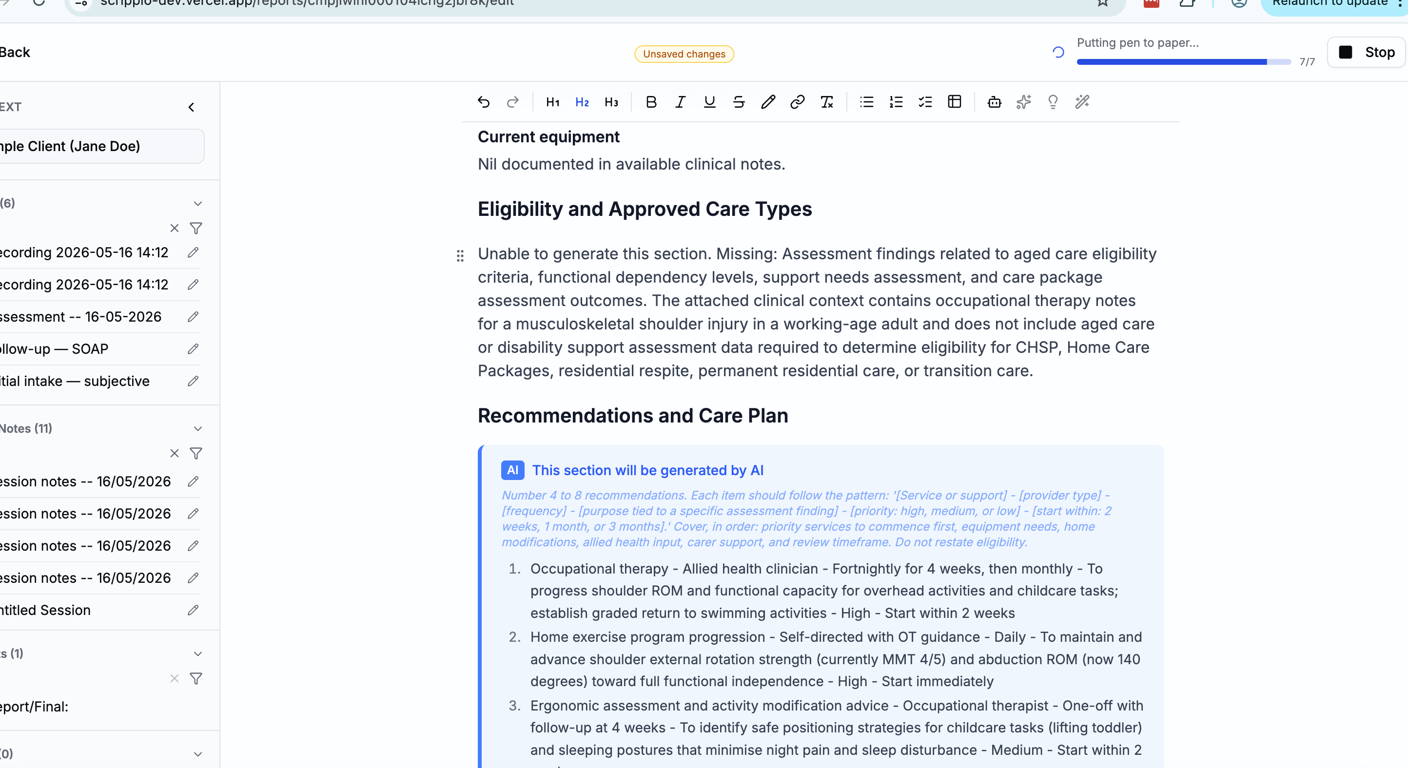 Report editor with AI content streaming into blocks, progress indicator showing 2 of 3