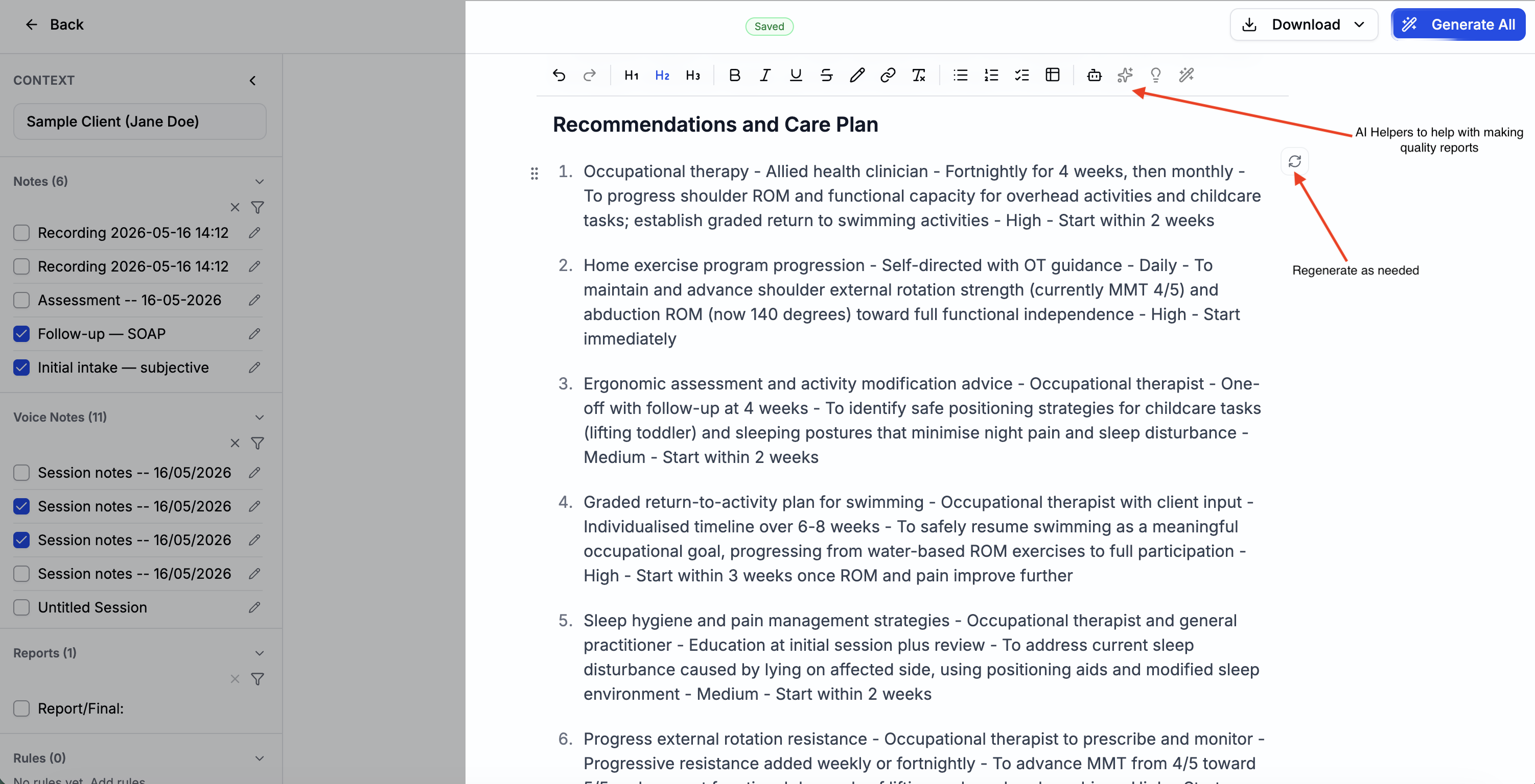 Generated report section with the regenerate button visible on the right edge