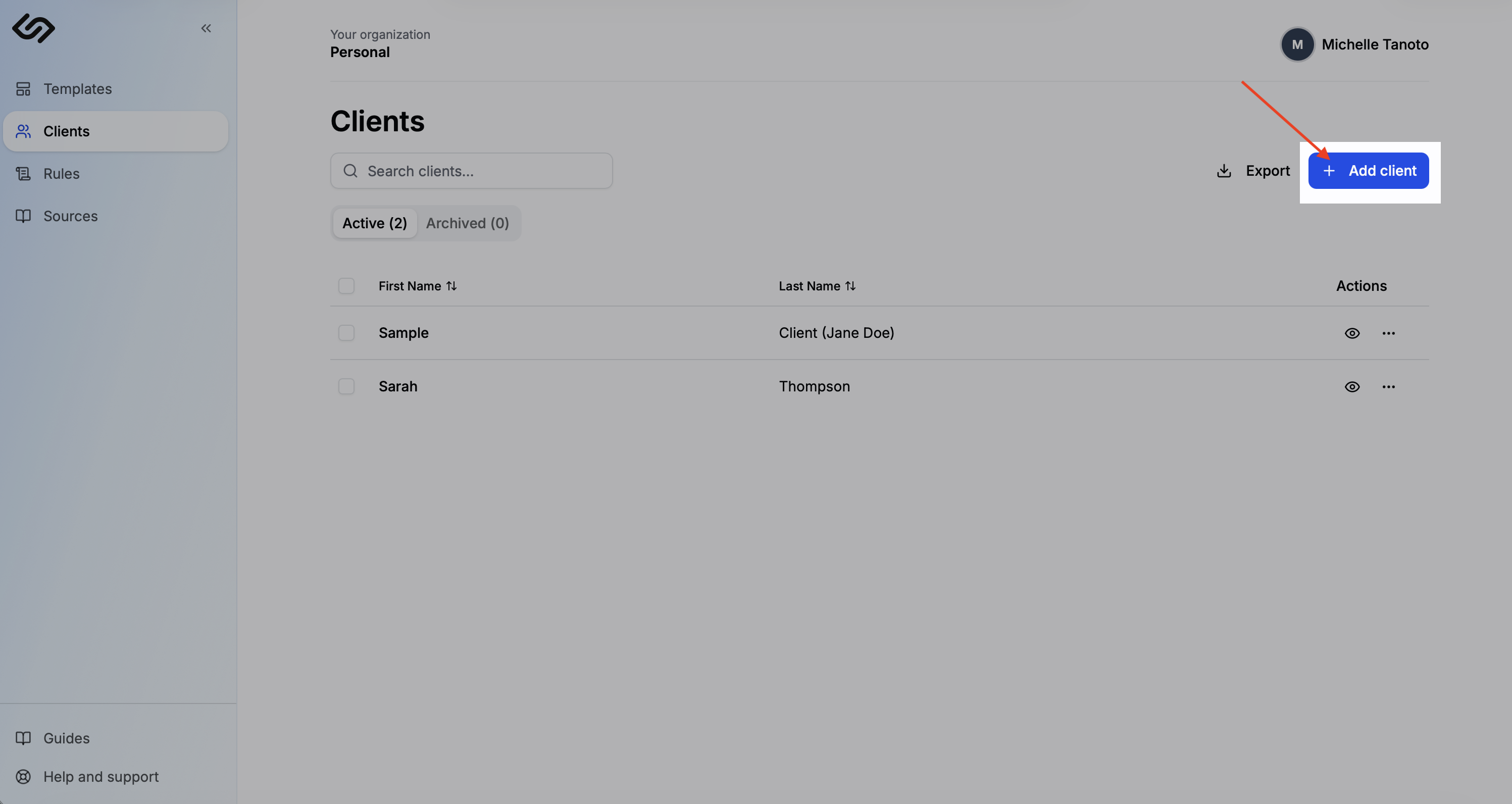 Add client dialog showing first name, last name, and note fields