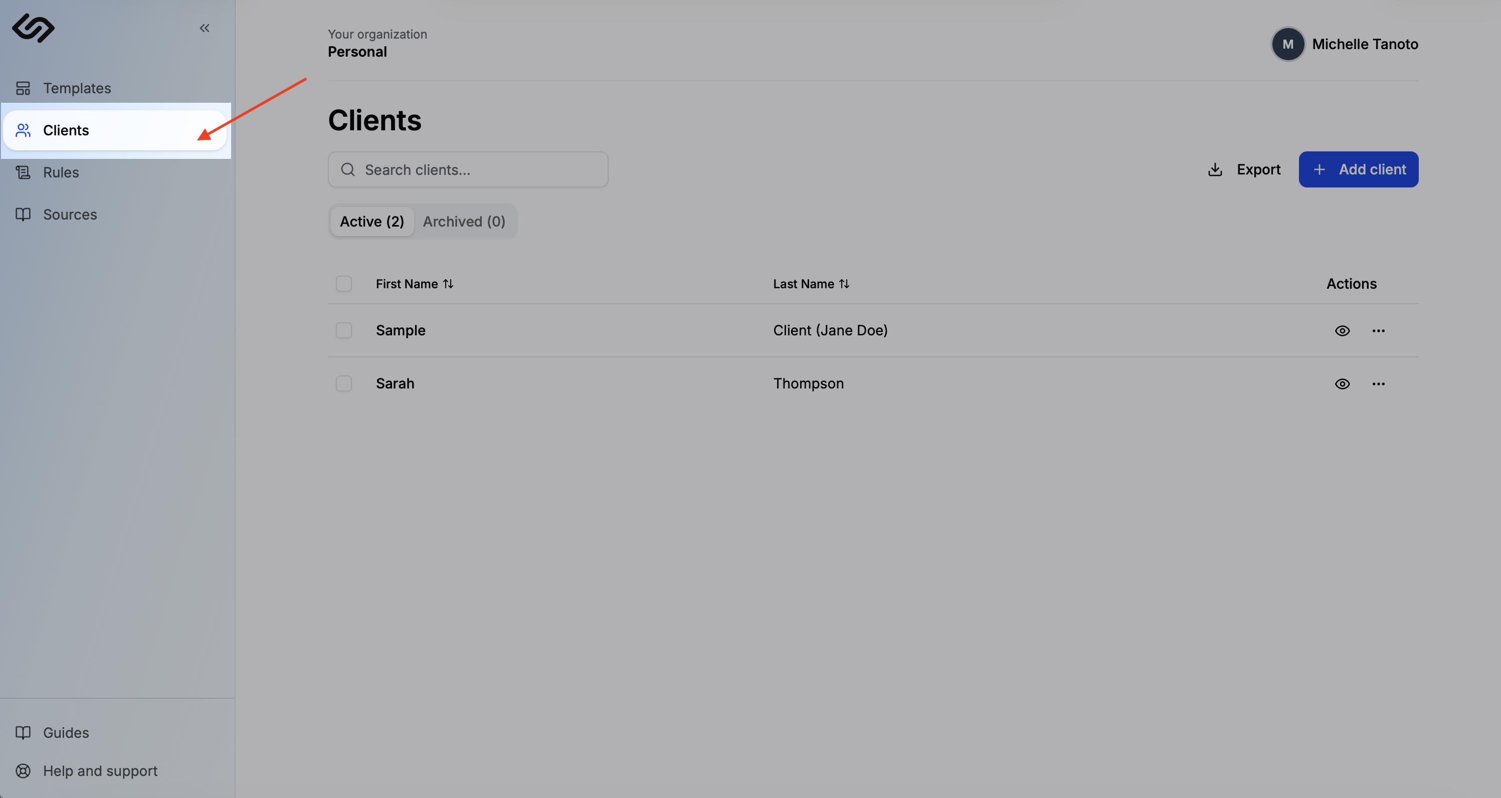 Clients page with the Add client button highlighted