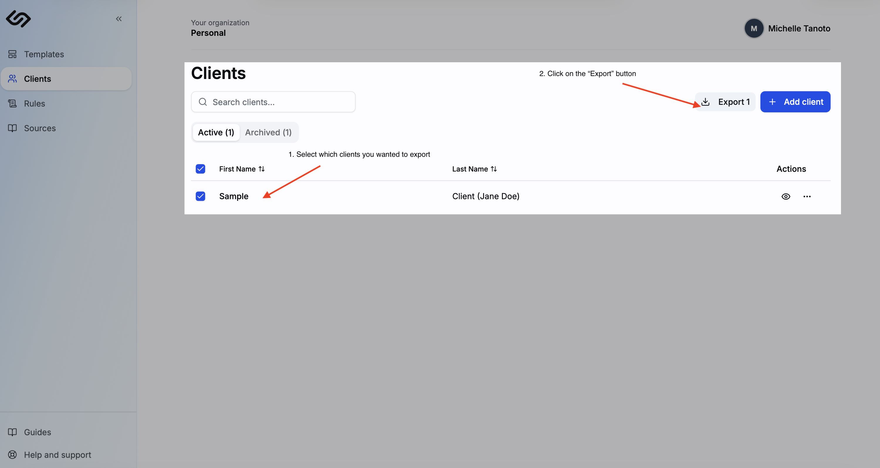 Clients page with the Export button and checkbox selection highlighted