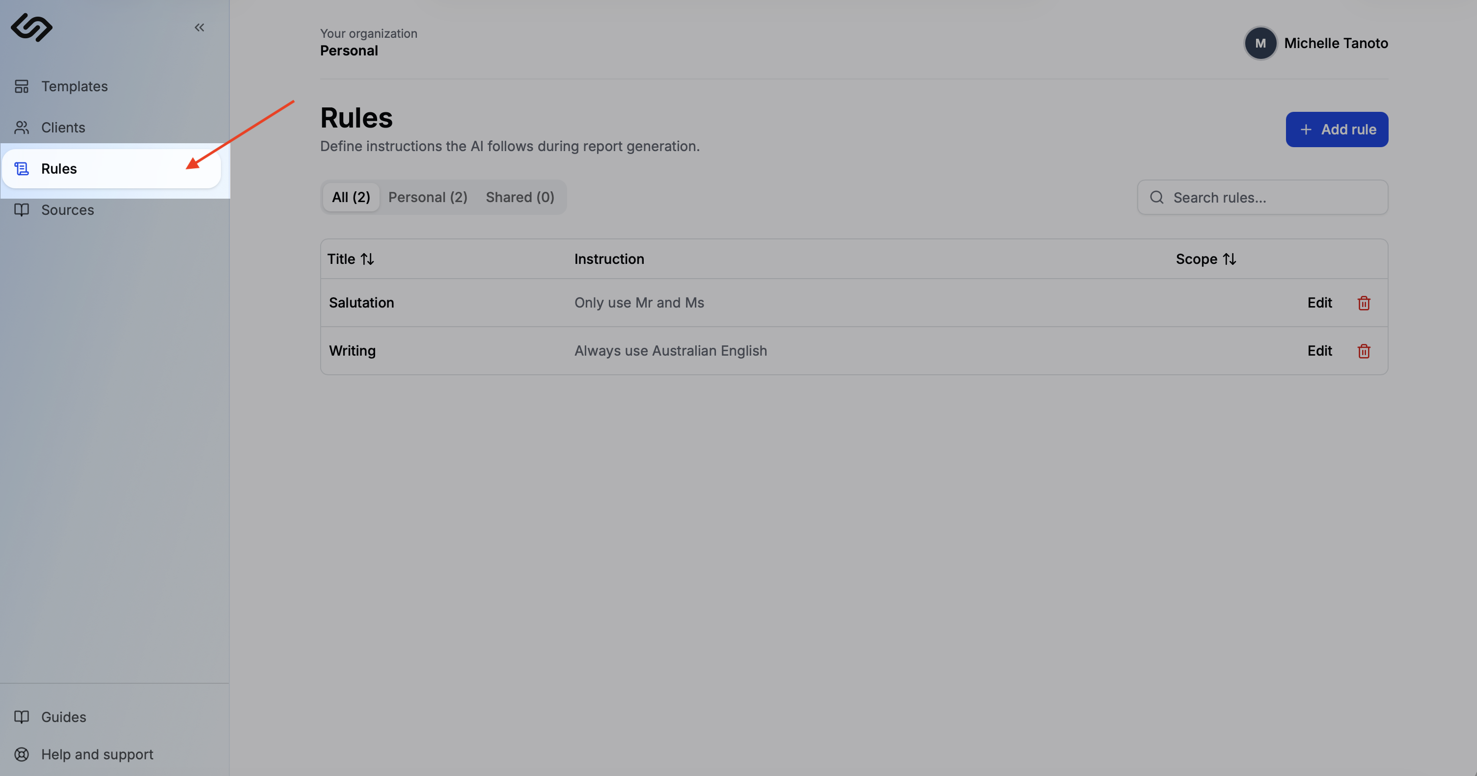 Rules page in the sidebar