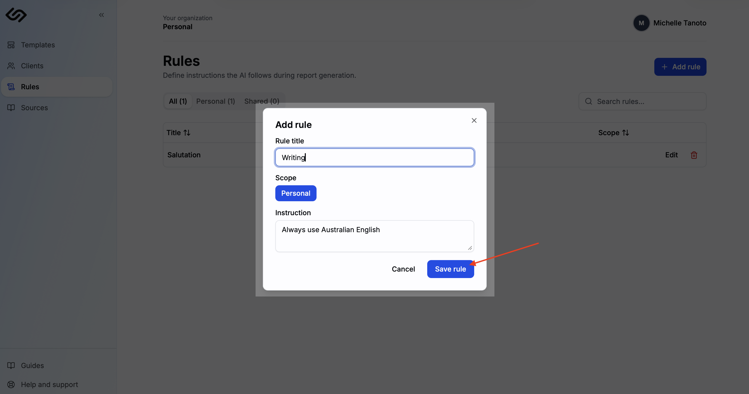 Add rule input with an example rule typed in