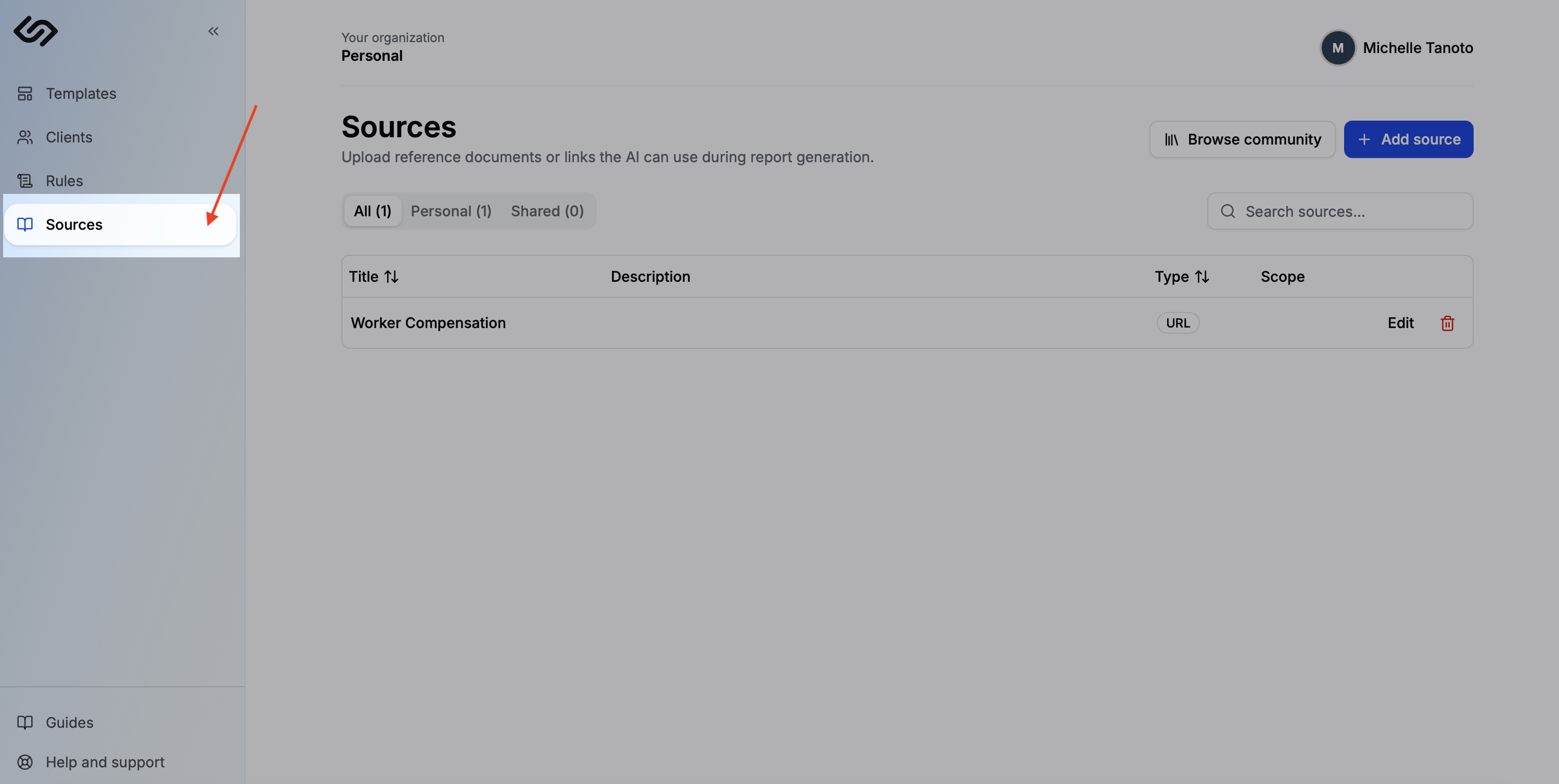 Sources page with the Add source button highlighted