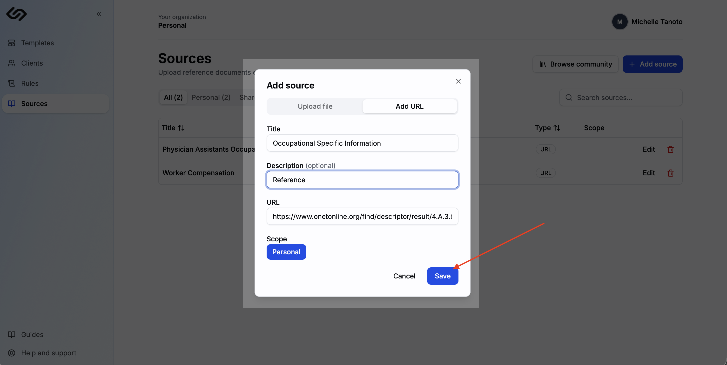 Add source dialog showing file upload and URL options