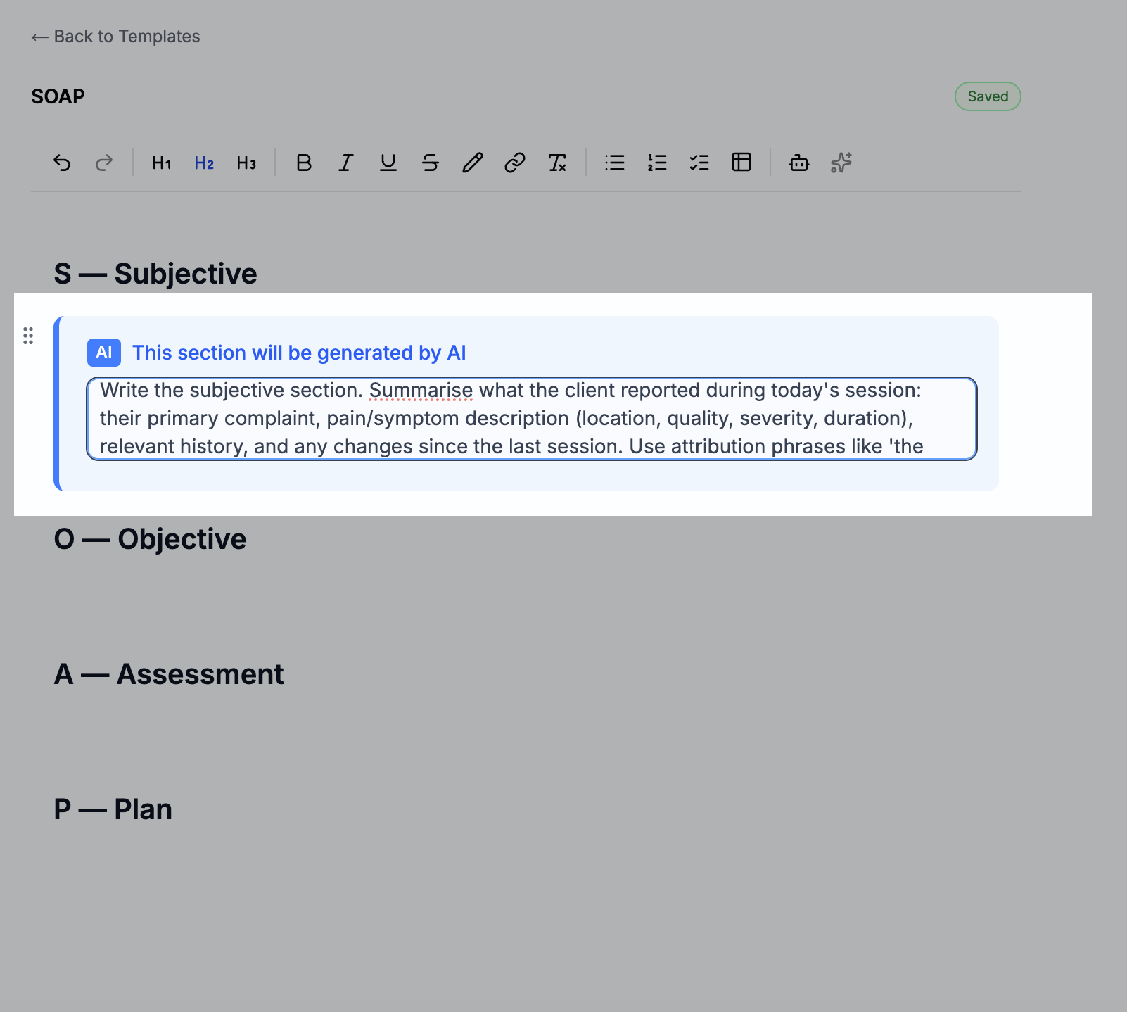 AI block editor showing title and prompt fields filled in with an example