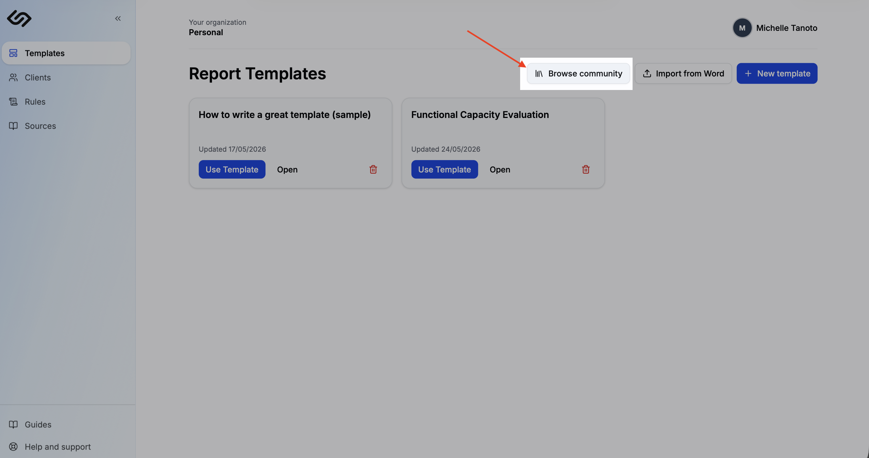 Community templates tab showing available templates organised by discipline and scheme