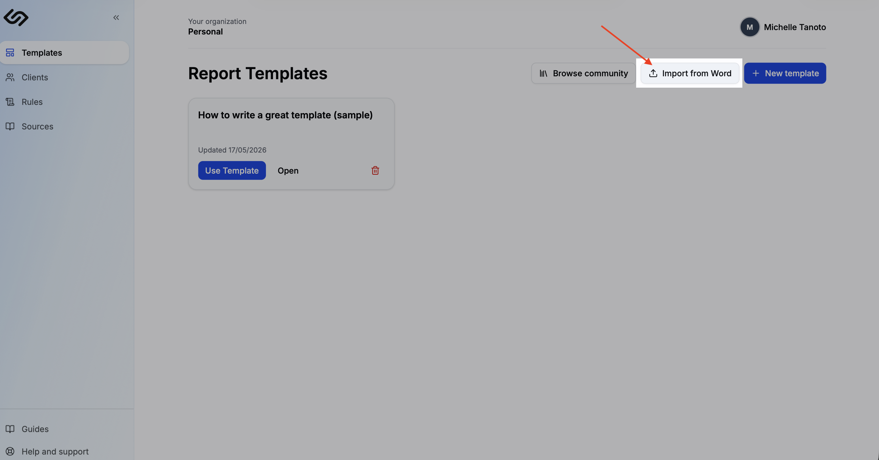 Templates page with the Import from Word button highlighted