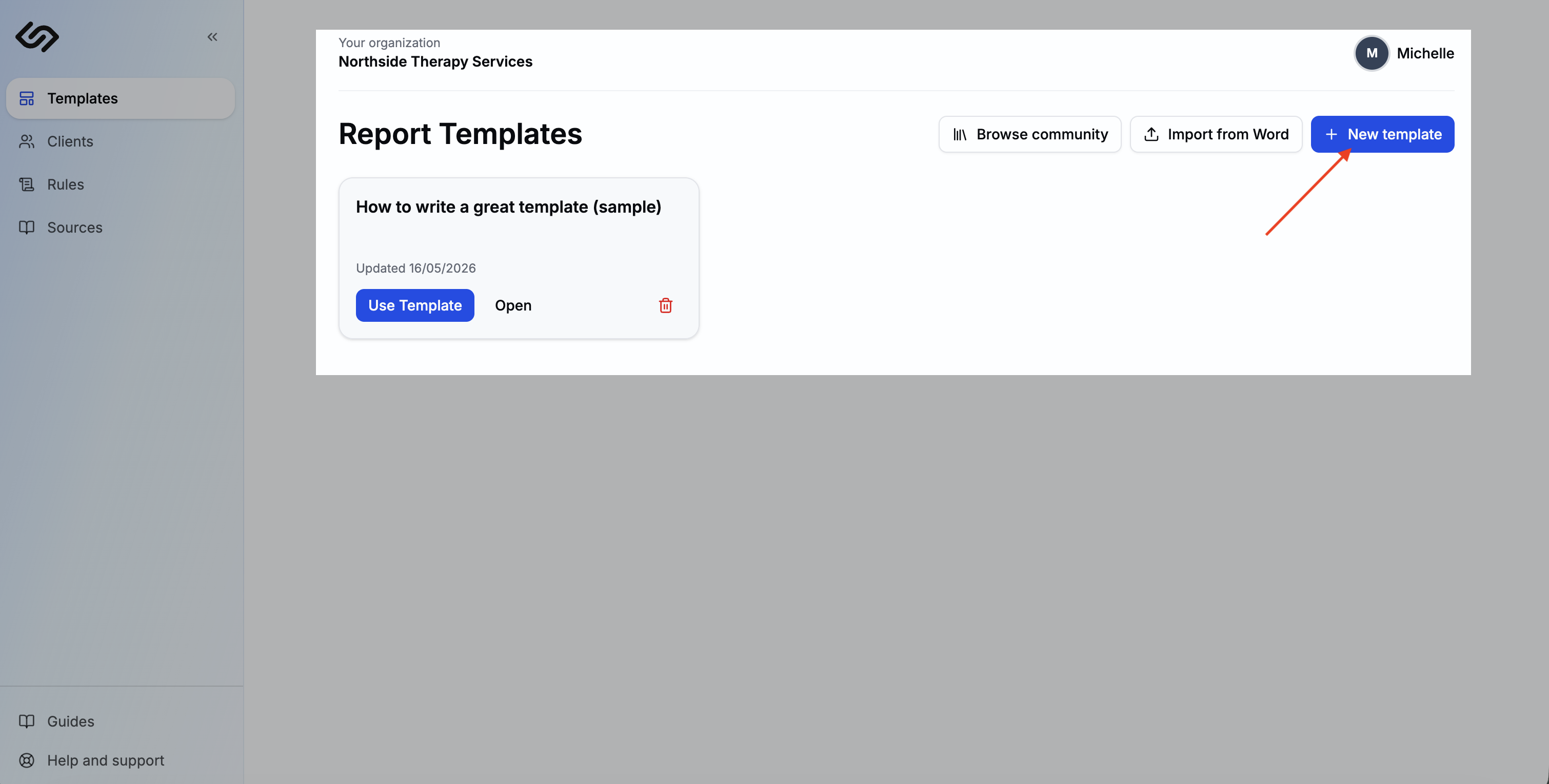 Templates page with the New template button highlighted in the top right