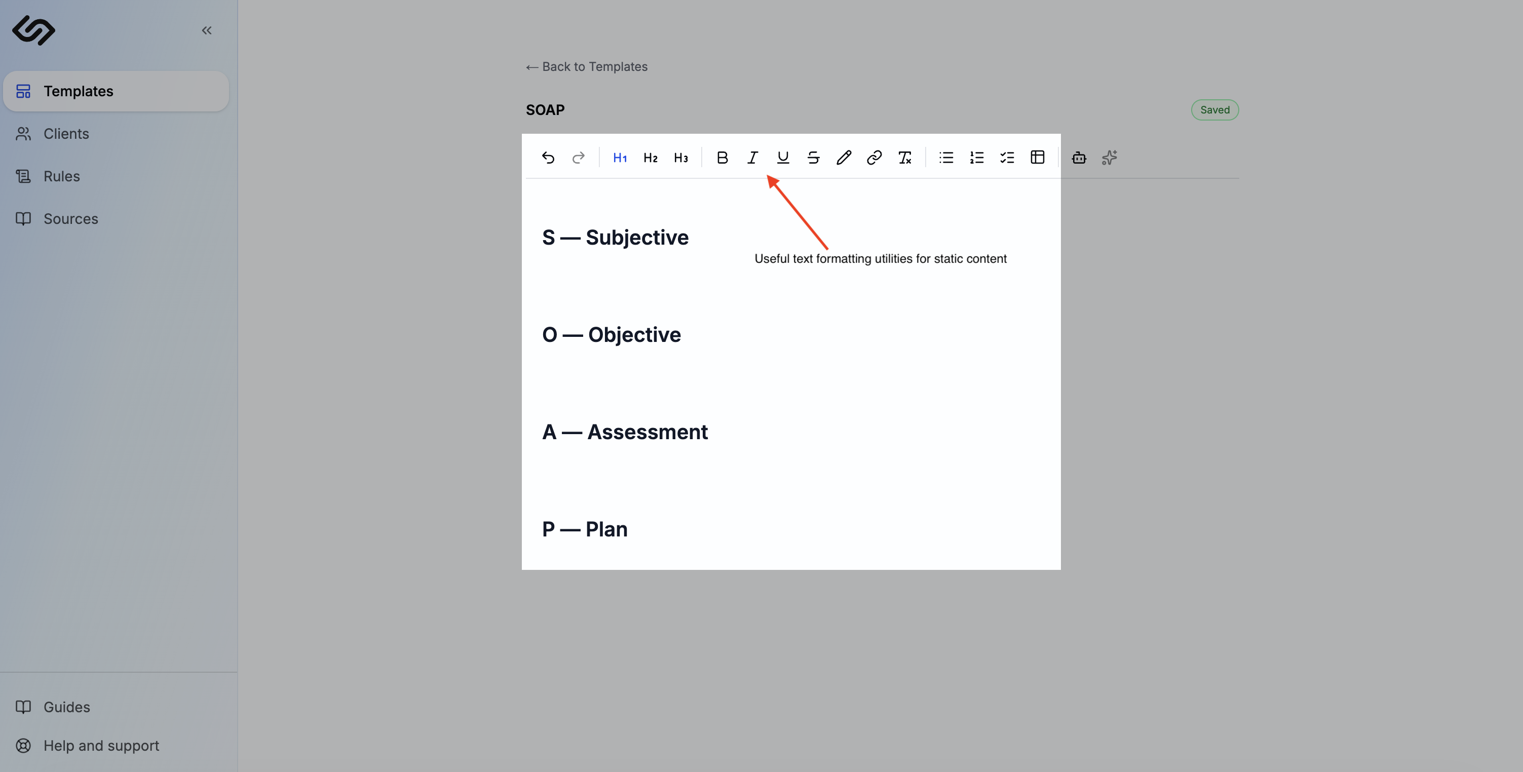 Template editor showing rich text toolbar and static content sections typed out