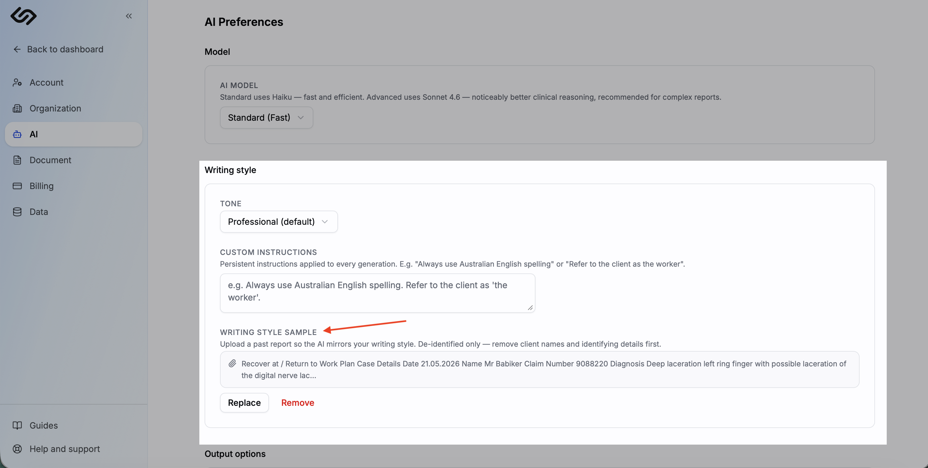 Settings → AI page showing a de-identified example report pasted into the Custom Instructions field