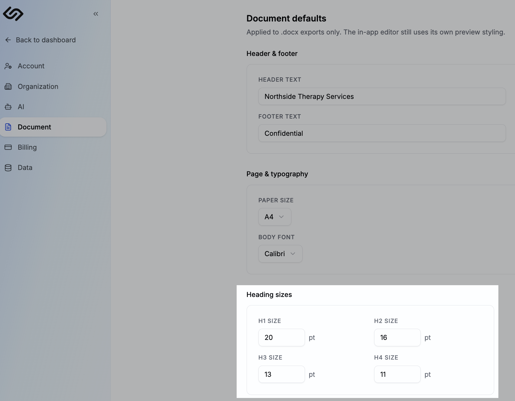 Document defaults page showing heading size inputs for H1 through H4 in point sizes